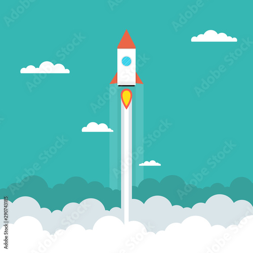 Rocket flying in the sky. Concept of new business project startup. Flat cartoon style. Vector illustration. © Art Alex