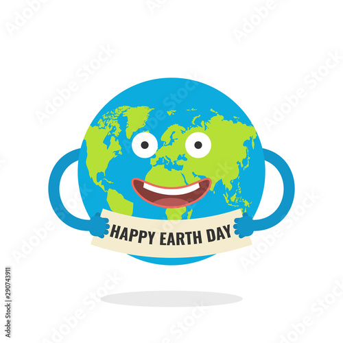 Cartoon earth character. World map globe with smiley face and hands. Vector illustration.