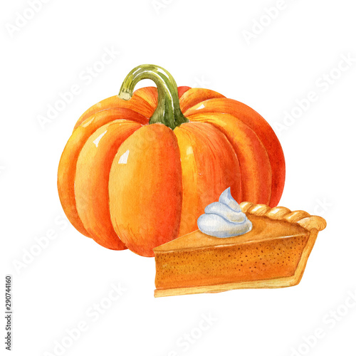 Fresh ripe orange pumpkin and piece of american pumpkin pie isolated on white background. Autumn watercolor food illustration. Handdrawn clipart.