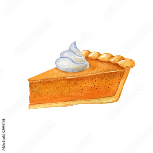 Piece of american pumpkin pie isolated on white background. Watercolor hand drawn illustration. Food clipart.