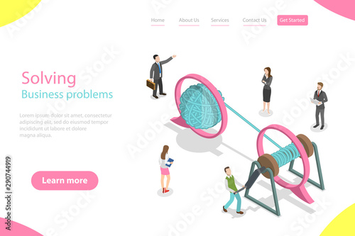 Isometric flat vector landing page template of soloving business problem, simple solution, tangle tangled and unraveled.