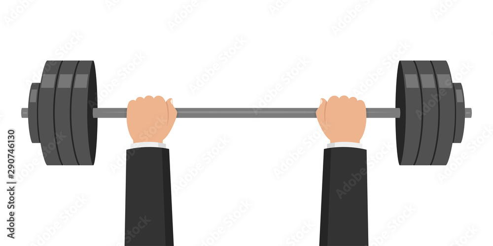 Barbell weight. Hands businessman lifted barbell weight. Weightlifting training. Vector illustration. Barbell weight. Hands businessman lifted barbell weight. Weightlifting training. Vector illustration.