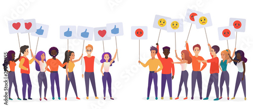 People holding emoji posters flat vector illustration. Social satisfaction and stratification concept. Community groups protesting and expressing feelings cartoon characters isolated on white