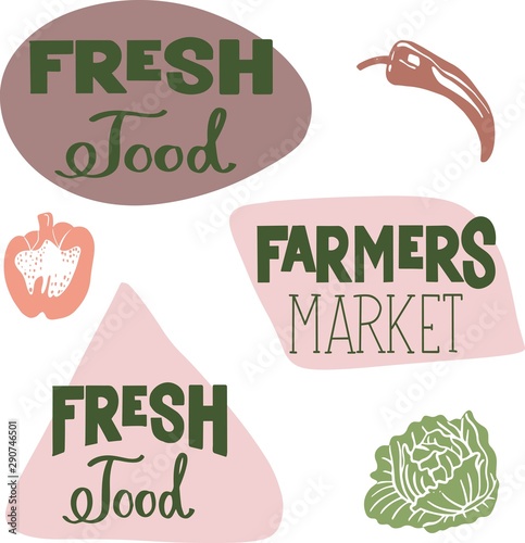 fresh homegrown products, farmer's market icons, labels. Natural product elements. Logo for restaurant menu. Fresh, organic, 100% bio, premium quality, locally grown, healthy food
