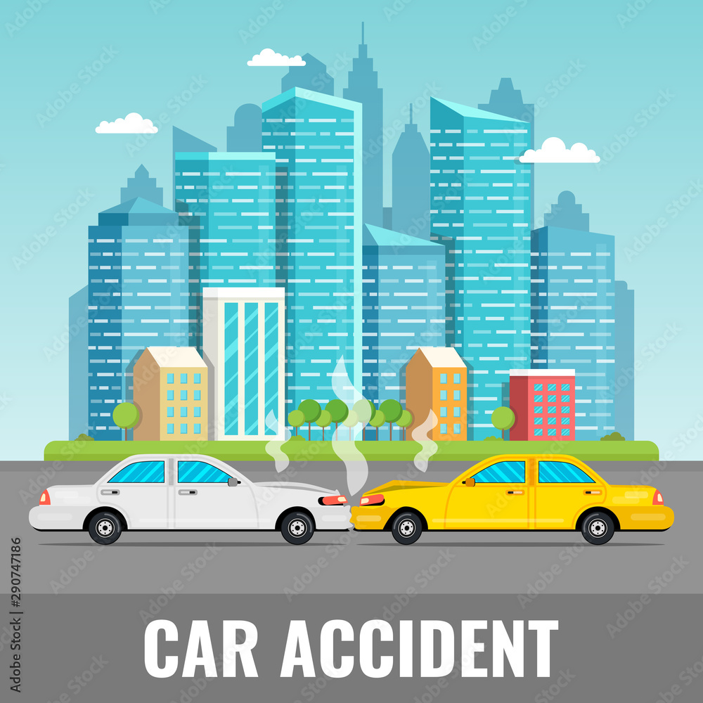 Car accident concept. City downtown landscape on the background. Vector illustration.