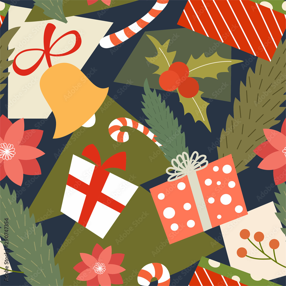 Obraz premium Colorful modern abstract christmas pattern with various traditional decorative elements and symbols. Vector seamless texture.