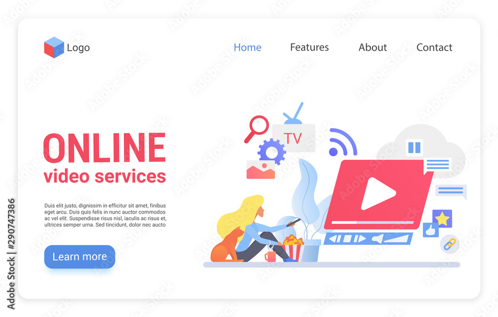 Online video service flat vector landing page template. Internet movies  hosting website homepage layout. Woman watching TV at home cartoon  character. Streaming video vlog, blog web banner design Stock Vector | Adobe
