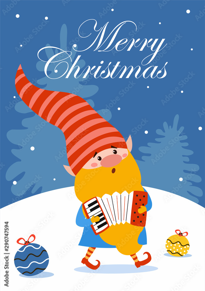 Naklejka premium Merry Christmas. Fun holiday card of cute gnome musician. Vector illustration. Can be used for banner, poster, greeting card, postcard and print.