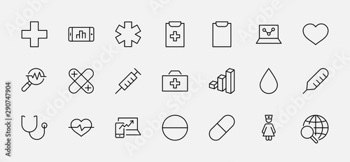Set of Medicine vector line icons. It contains the first aid kit, nurse, syringe, thermometer, plastic, pills, heart, drop of blood, palpitation and much more. Editable Stroke. 32x32 pixels.