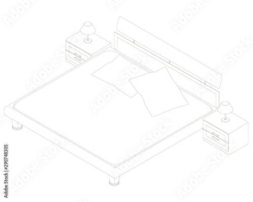 The contour of the bed with bedside tables. View isometric. Vector illustration.