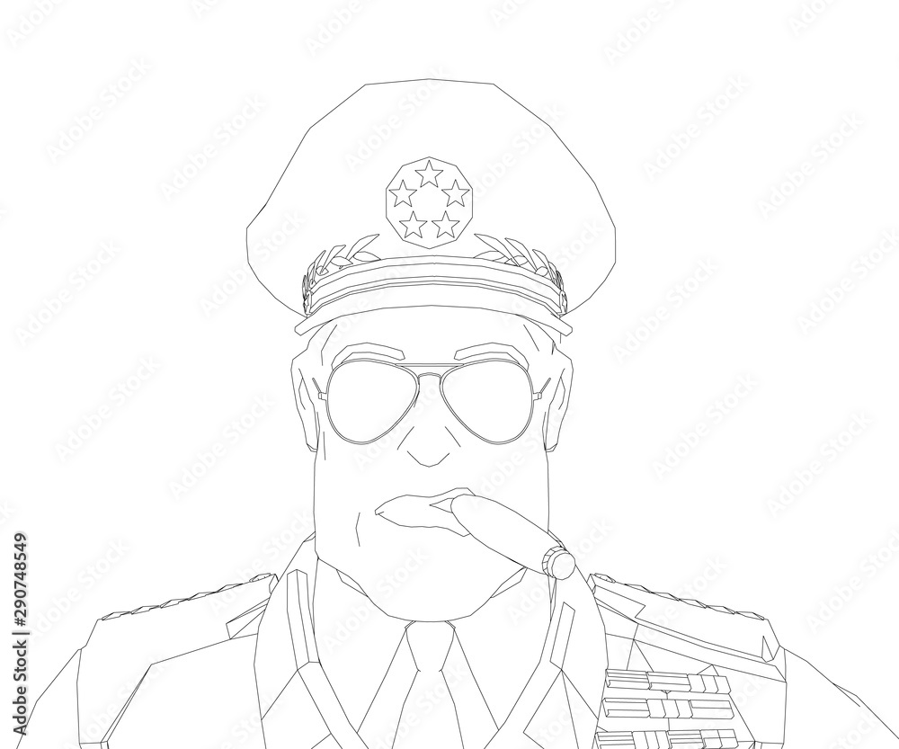 Contour of a general in a cap with epaulettes and a cigar. Portrait of a general. Front view. Vector illustration. Contour of a general in a cap with epaulettes and a cigar. Portrait of a general. Front view. Vector illustration.