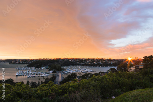 Morning sunlight view over Spit Bridge at Middle Harbour, Sydney.