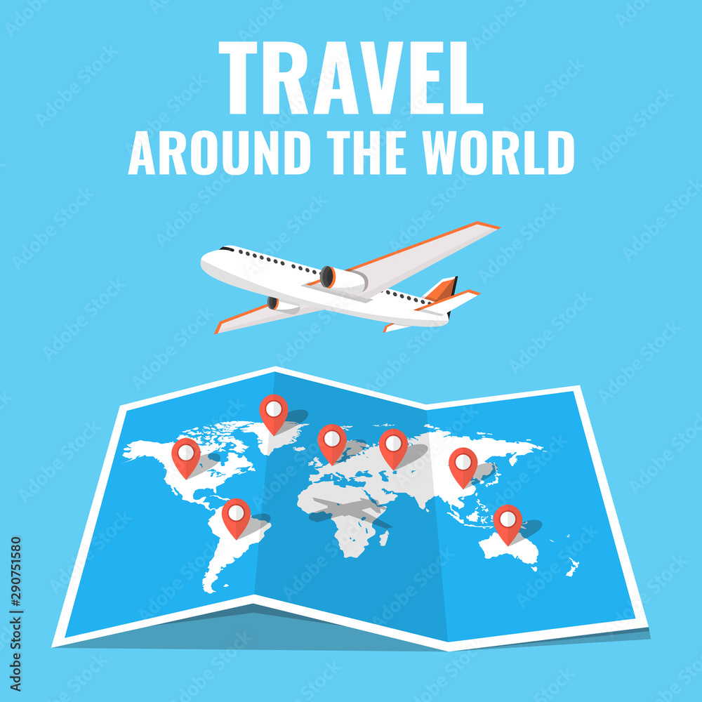 Airplane flying above the world map. Around the world travelling concept. Flat cartoon style. Vector illustration.