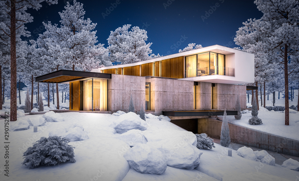 3d rendering of modern cozy house on the hill with garage and pool for sale or rent with beautiful landscaping on background. Cool winter night with cozy light inside. 3d rendering of modern cozy house on the hill with garage and pool for sale or rent with beautiful landscaping on background. Cool winter night with cozy light inside.