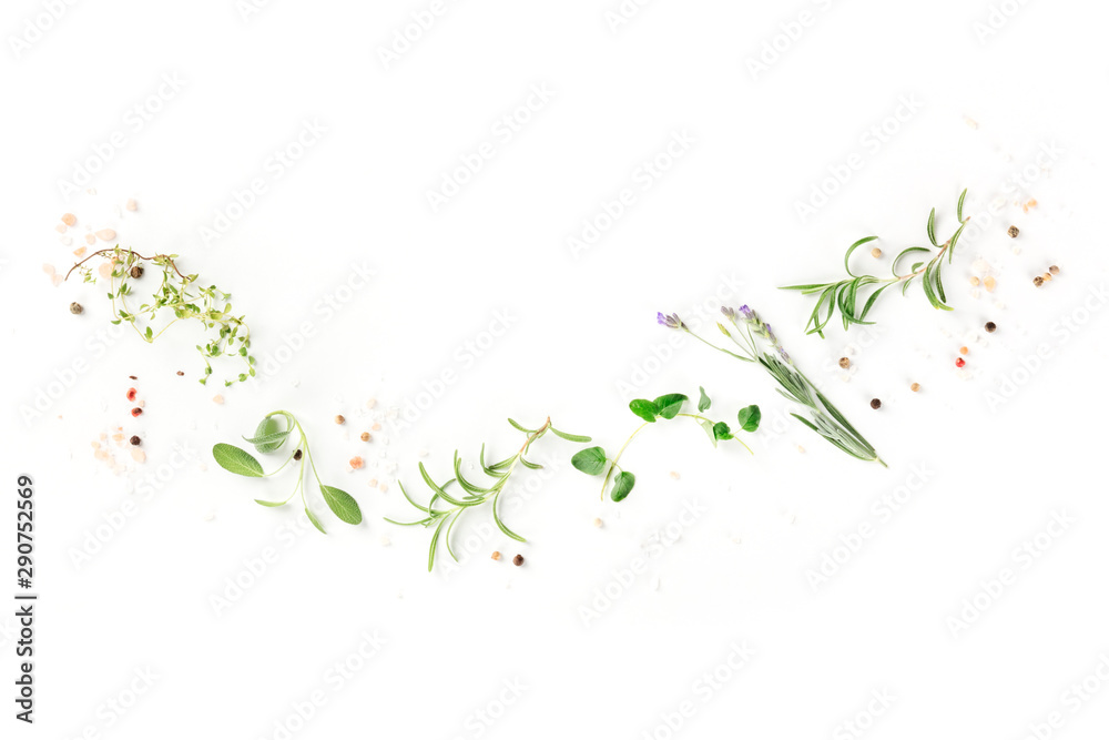 Culinary aromatic herbs on a white background, a flat lay composition with a place for text, a cooking design template - obrazy, fototapety, plakaty 
