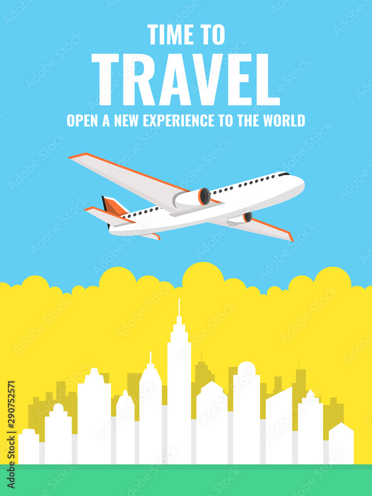 Airplane flying above the town. Around the world travelling banner. Vector illustration. Airplane flying above the town. Around the world travelling banner. Vector illustration.