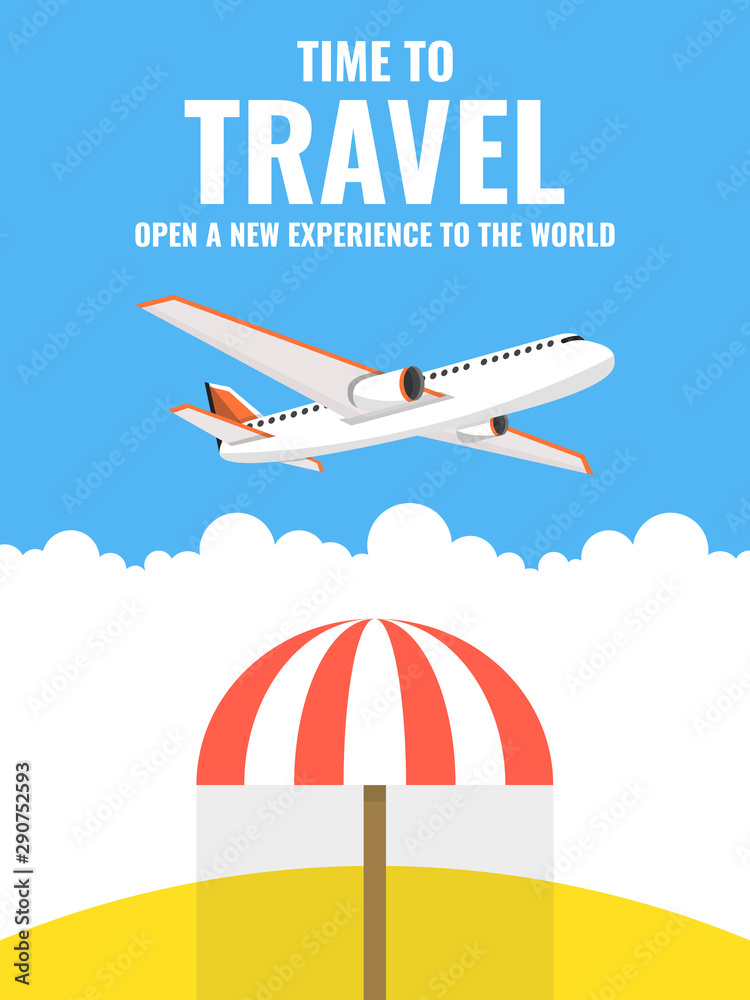 Airplane flying above the beach and umbrella. Around the world travelling banner. Vector illustration.