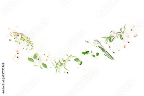 Culinary aromatic herbs on a white background, a flat lay composition with a place for text, a cooking design template