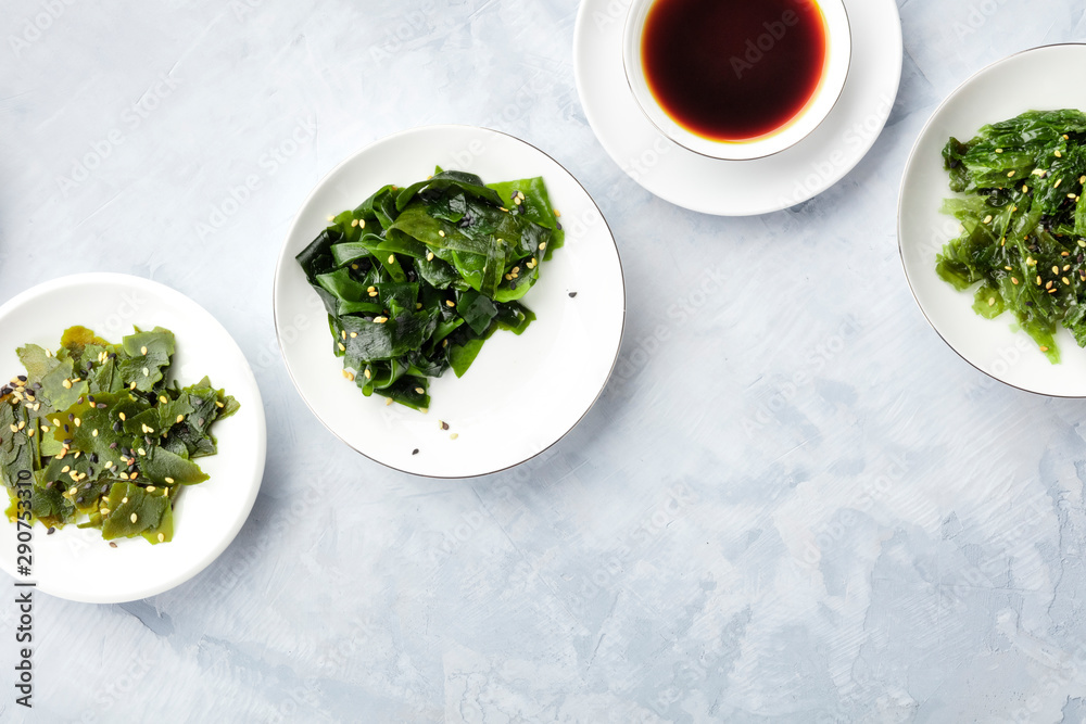 Various seaweed, sea vegetables, shot from the top with copy space. Superfoods background or a recipe design template Various seaweed, sea vegetables, shot from the top with copy space. Superfoods background or a recipe design template