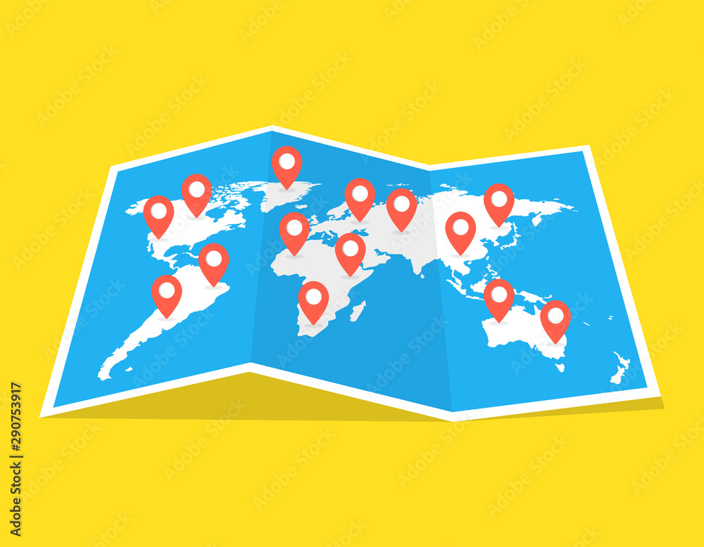 World travel map. Travel pin location on a global map. Vector illustration.