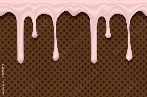 Dripping pink ice cream flowing over chocolate or brown waffle texture background. Cafe menu, food packaging design.