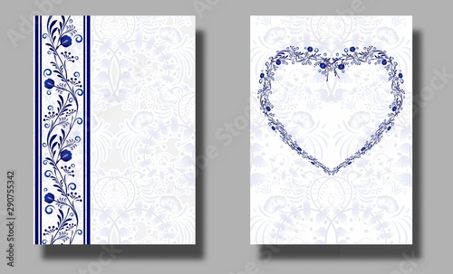 Vertical wedding invitation cards with blue flower ornament heart shaped. Ethnic style of painting on porcelain. Design for wedding ceremony. Can be used for cosmetics, beauty salon.