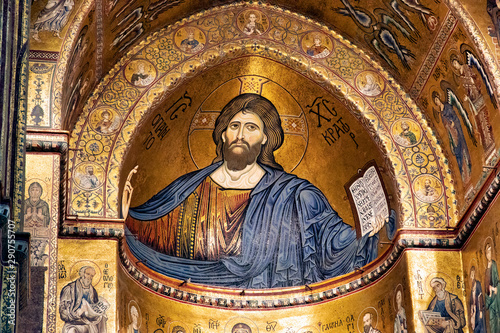 Byzantine mosaic of Christ Pantocrator in Monreale cathedral  Italy