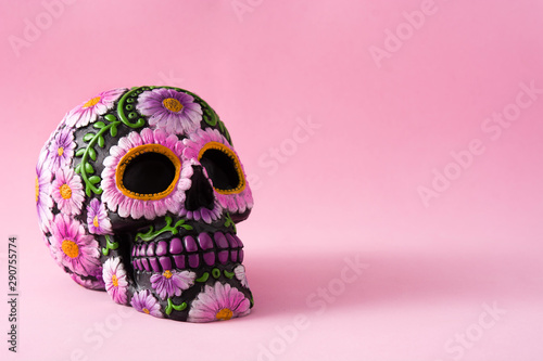Typical Mexican skull with flowers painted on pink background. Dia de los muertos. Copy space