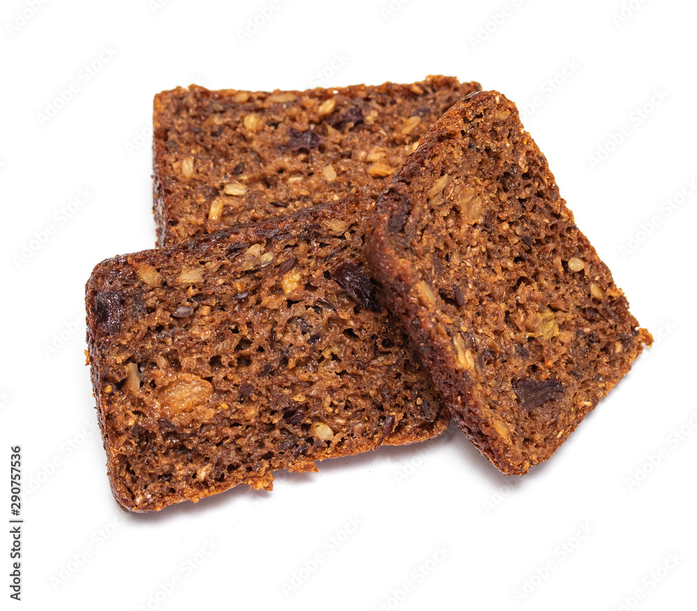 Rye bread with raisins on a white background. Phyto for slimming bread. Rye bread with raisins on a white background. Phyto for slimming bread.