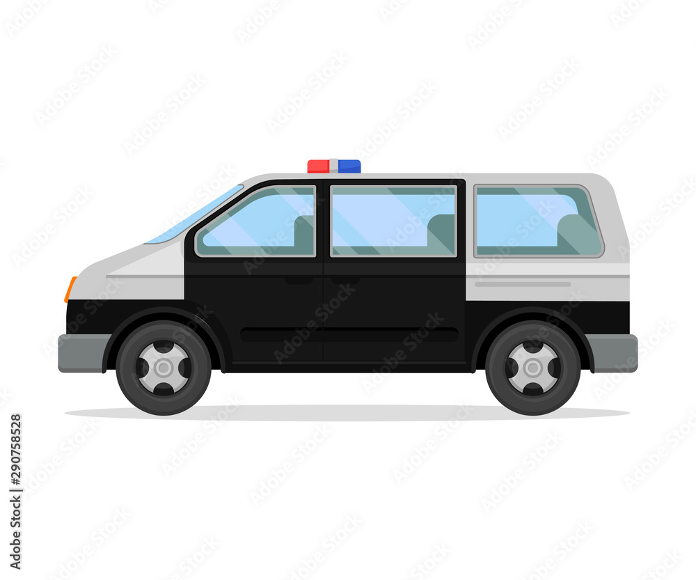 Police van with flashing lights. Vector illustration on a white background.