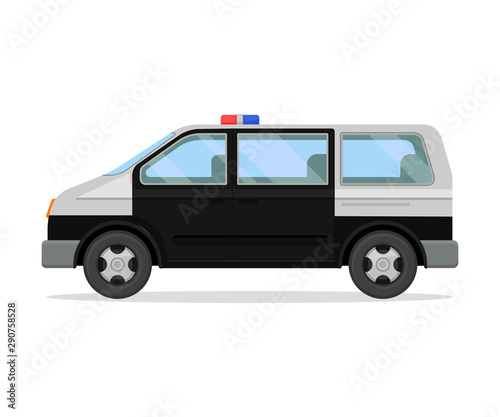 Police van with flashing lights. Vector illustration on a white background.