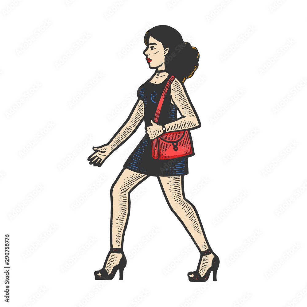 Girl walks in uncomfortable high heeled shoes sketch engraving vector illustration. Tee shirt apparel print design. Scratch board style imitation. Black and white hand drawn image. Girl walks in uncomfortable high heeled shoes sketch engraving vector illustration. Tee shirt apparel print design. Scratch board style imitation. Black and white hand drawn image.
