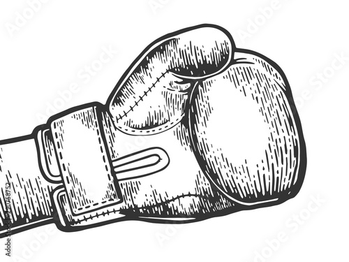 Hand in boxing glove sketch engraving vector illustration. Tee shirt apparel print design. Scratch board style imitation. Black and white hand drawn image.