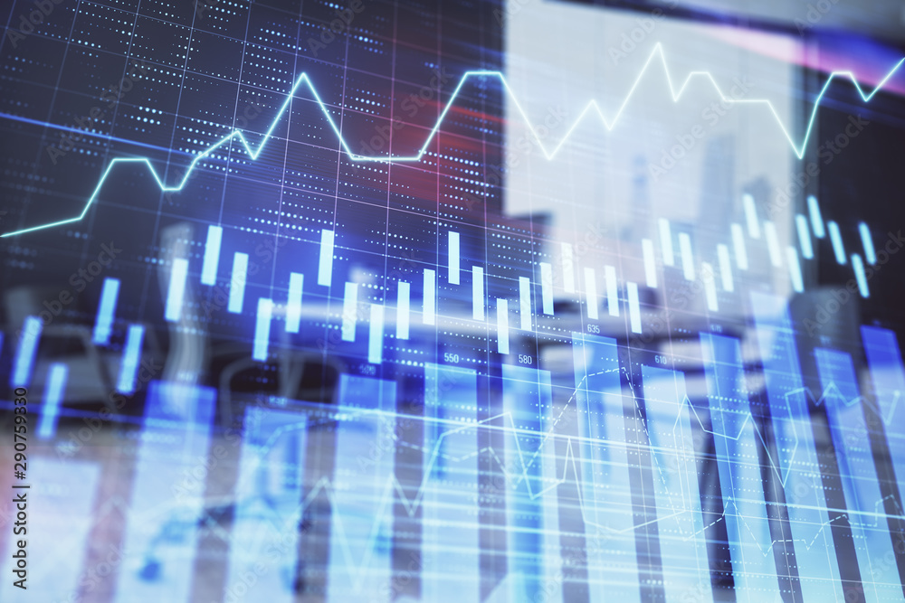 Business theme graph hologram with minimalistic cabinet interior background. Double exposure. Stock market concept.