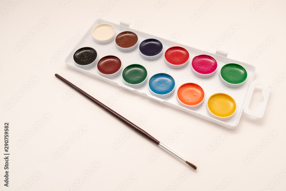 watercolor paints in box on white background