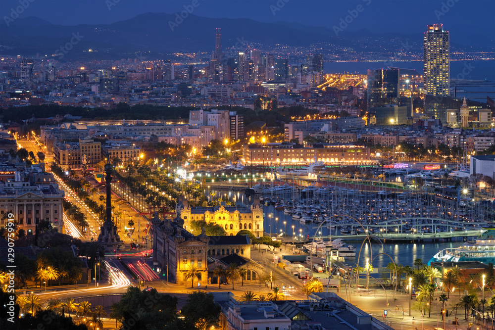 Aerial view of Barcelona city and port with yachts