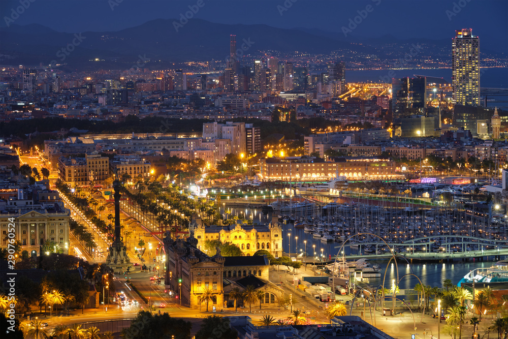 Aerial view of Barcelona city and port with yachts - obrazy, fototapety, plakaty 