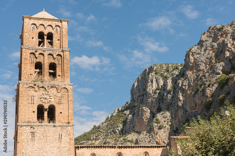 Bell tower of Church of Our Lady of the Assumption at Moustiers Sainte Marie, France