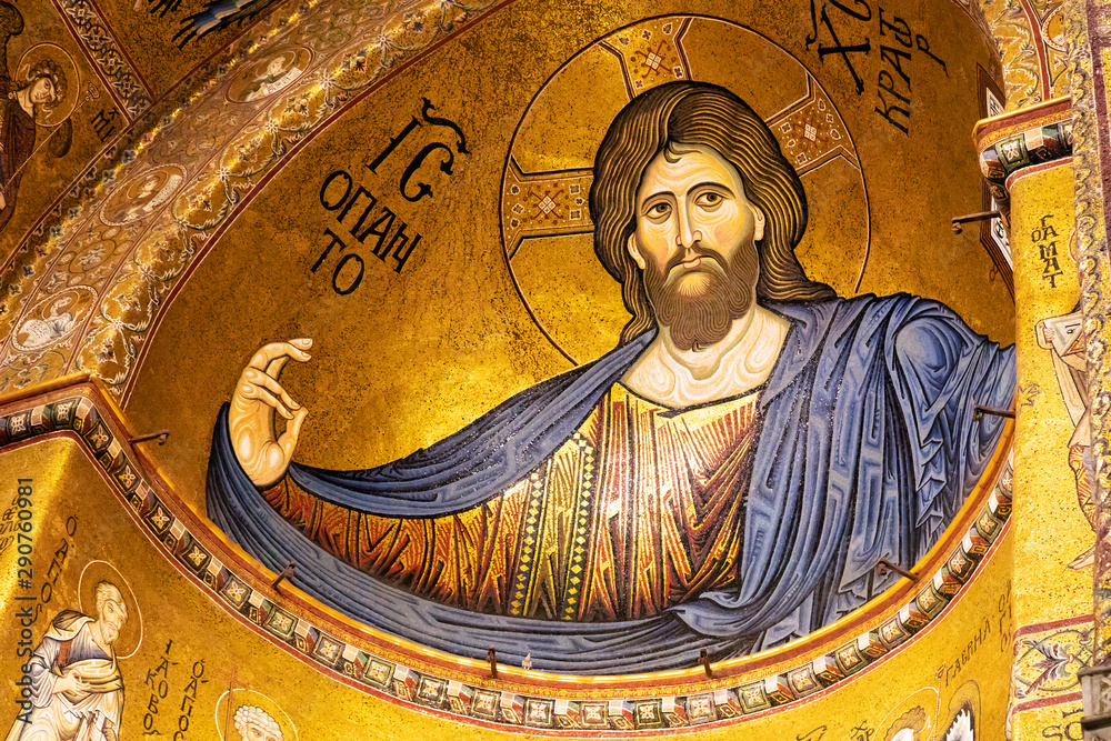 Ancient mosaic of Christ Pantocrator in Monreale cathedral, Italy