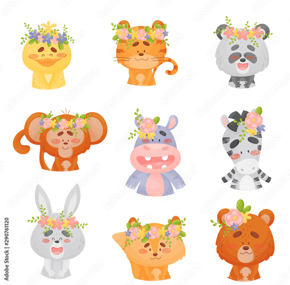Fototapeta premium Set of cute animals with flowers on their heads. Vector illustration on a white background.