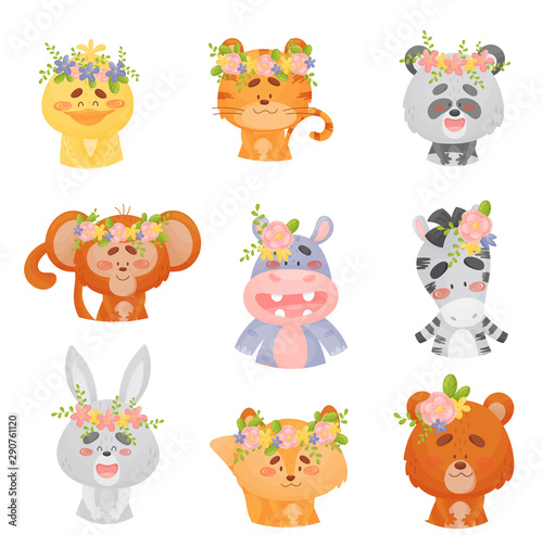 Set of cute animals with flowers on their heads. Vector illustration on a white background.