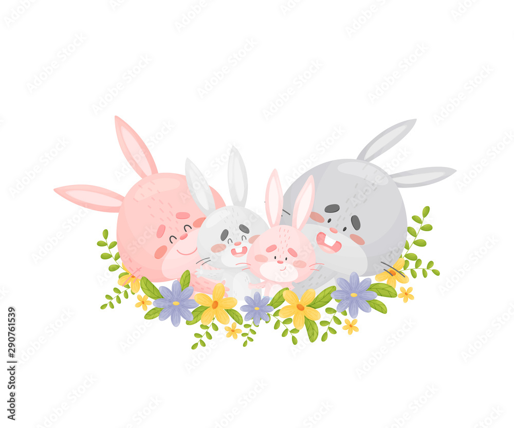 Family of cute hares. Vector illustration on a white background.