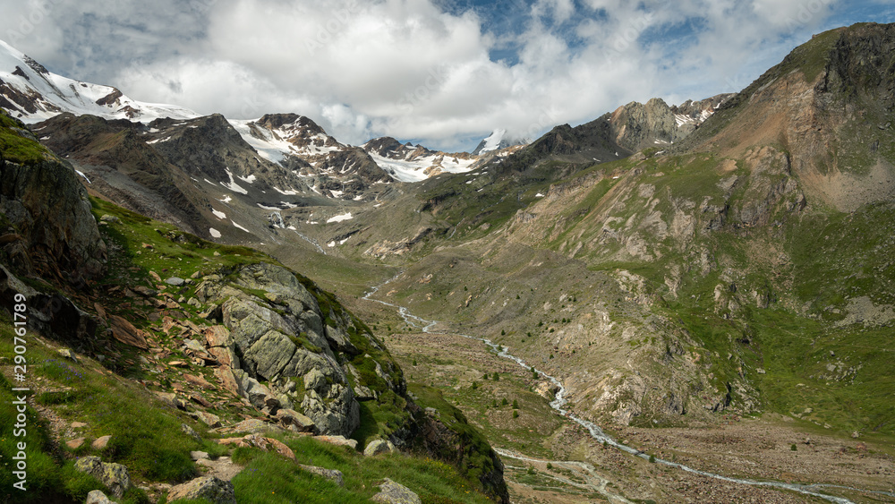 Martell valley in South Tyrol on a partly cloudy day in summer Martell valley in South Tyrol on a partly cloudy day in summer