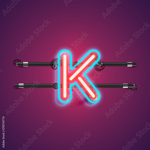 Realistic glowing double neon charcter from a fontset with console, vector illustration