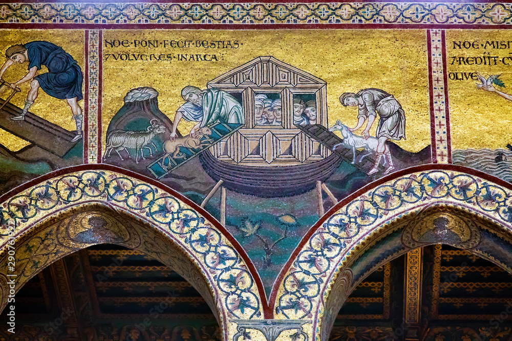 Animals climbing the ark in mosaics of Monreale cathedral, Sicily