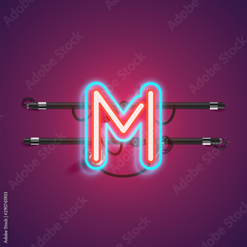 Realistic glowing double neon charcter from a fontset with console, vector illustration