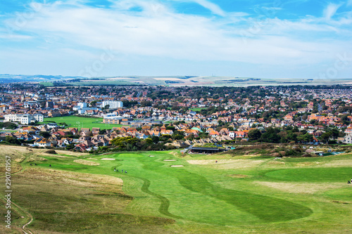 View of Seaford town from cliff tops,  golf course, houses on the back, selective focus photo