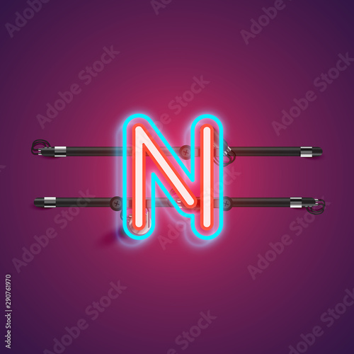 Realistic glowing double neon charcter from a fontset with console, vector illustration