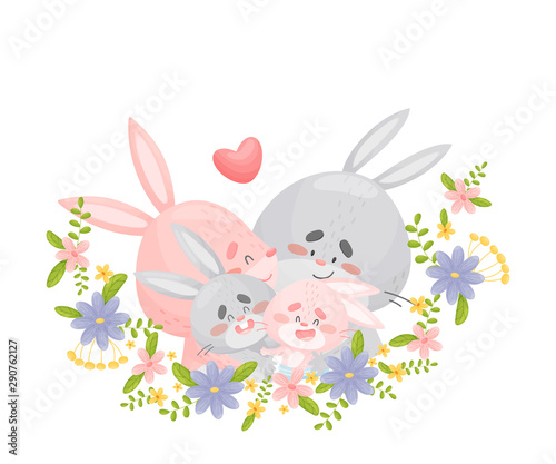 Family of rabbits cuddles among the flowers. Vector illustration on a white background.