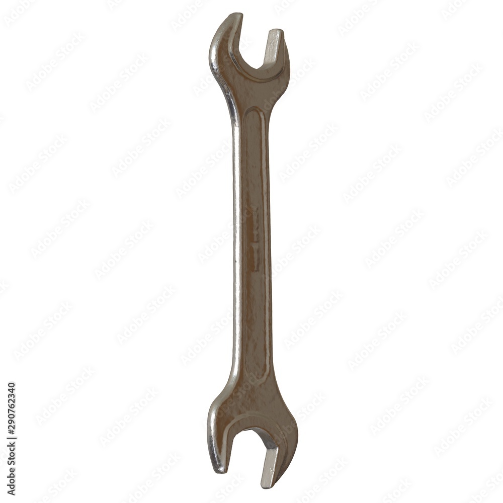 Silver two way metal wrench isolated on white background. 3D rendering of excellent quality in high resolution